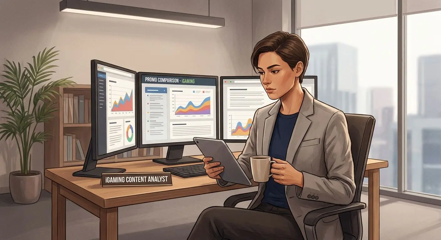 Editorial illustration of an expert reviewing promo and voucher comparisons