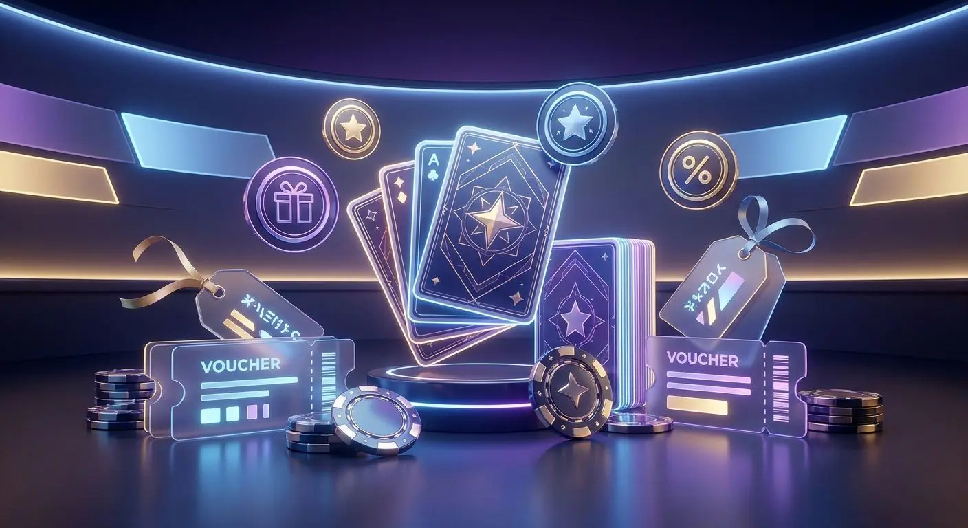 Illustration of vouchers, cards and chips representing different PlayOJO offer types