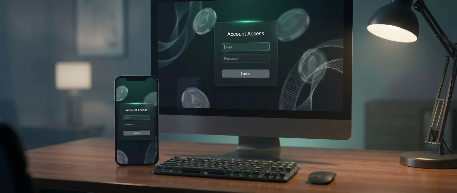 Clean PlayOJO login style banner with secure sign-in interface on desktop and mobile