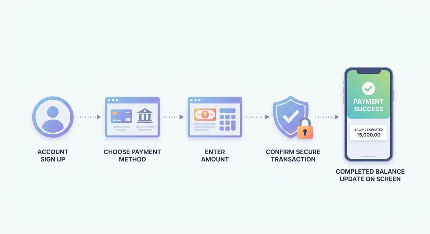 Step by step deposit process visual from sign up to confirmed balance