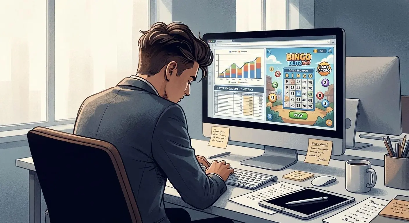 Fictional iGaming content analyst reviewing online bingo room data