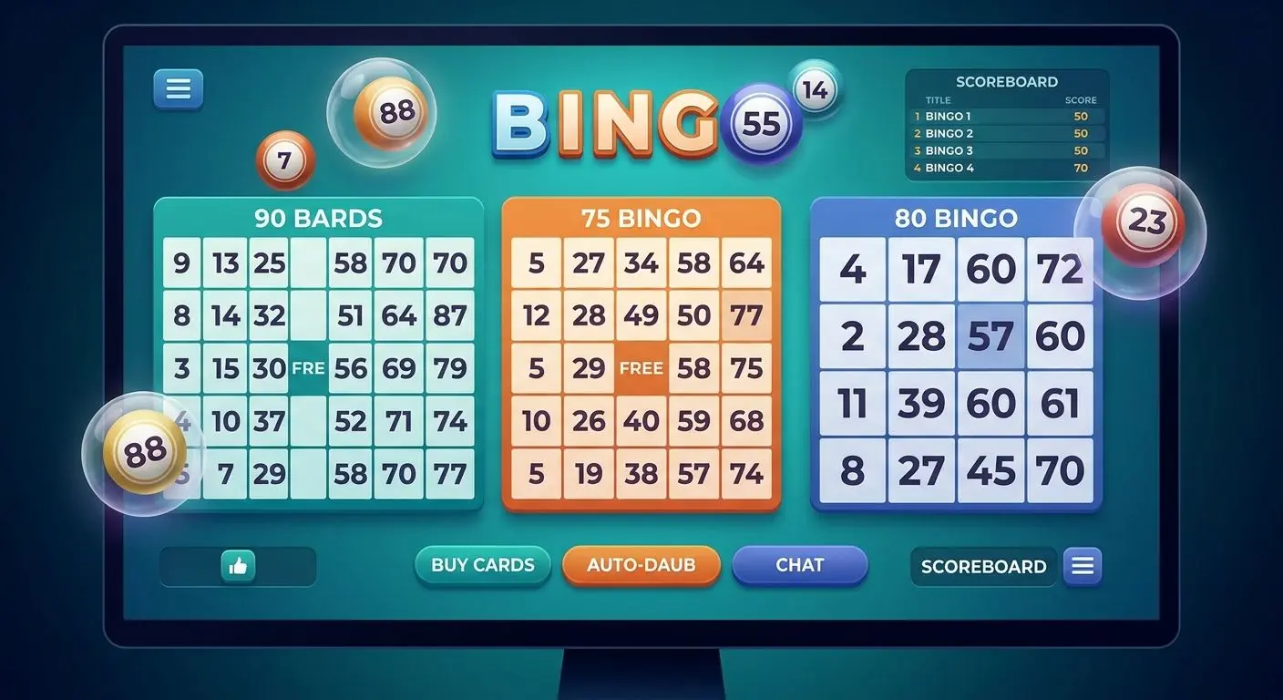 Different bingo card formats including 90-ball 75-ball and 80-ball on one screen