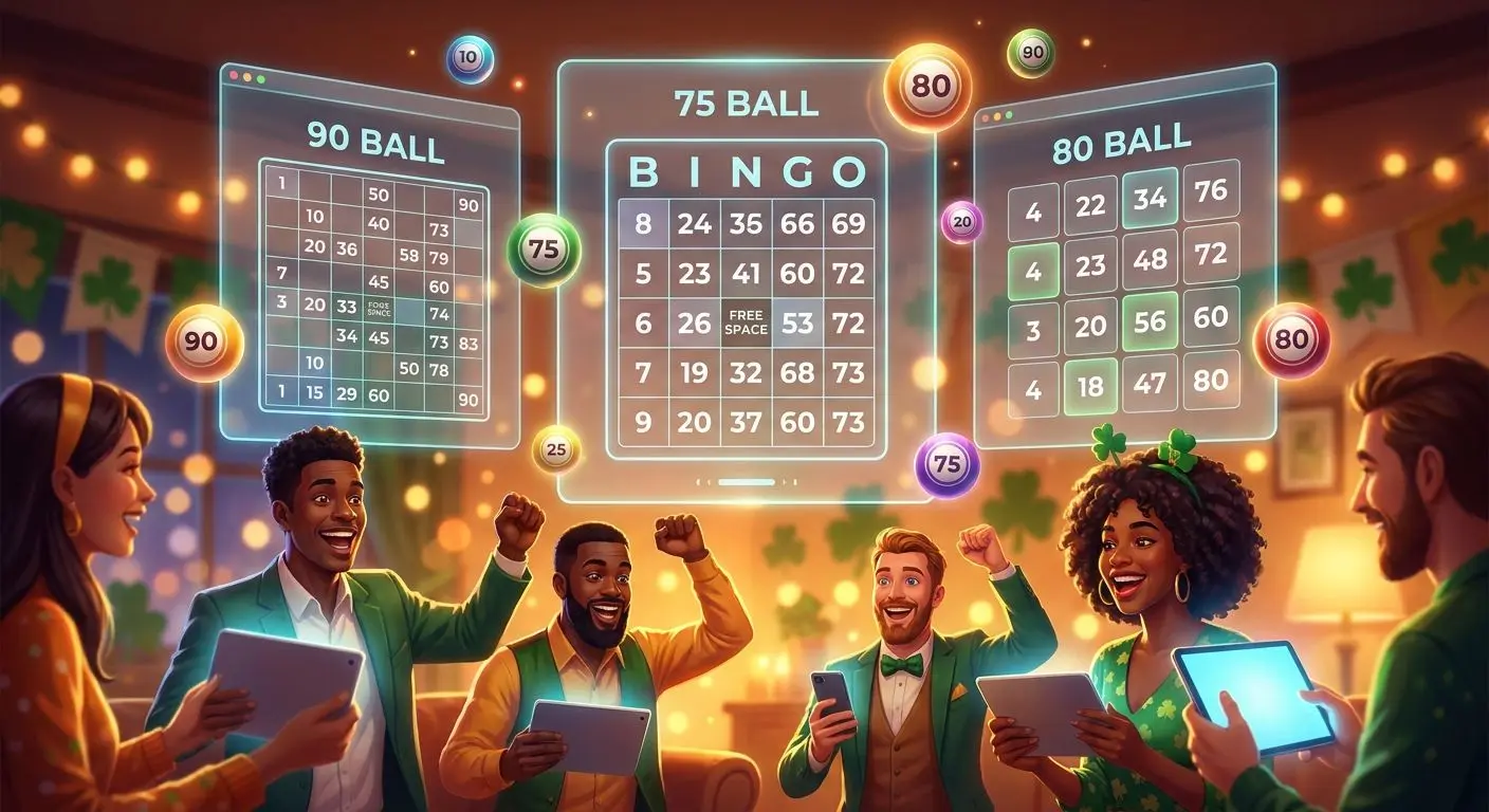 Online bingo party scene with virtual cards and numbered balls for Irish players