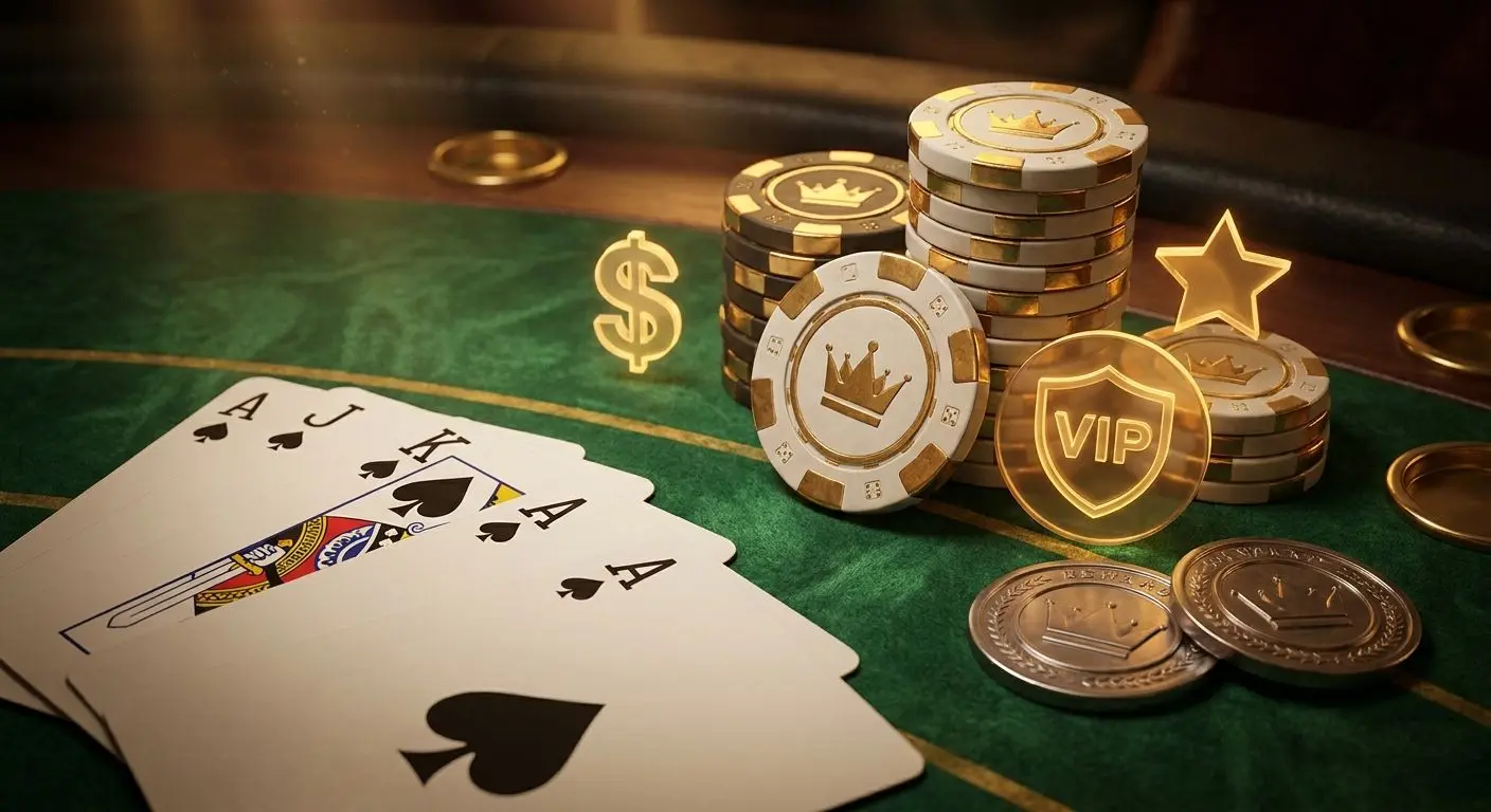 Cards, chips and promo-style icons beside a blackjack table