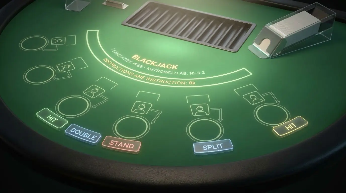 Blackjack table diagram with player and dealer positions and basic actions