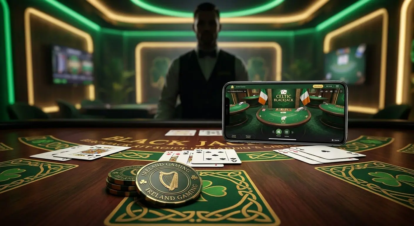 Blackjack table scene with chips, cards and mobile play interface for Irish players