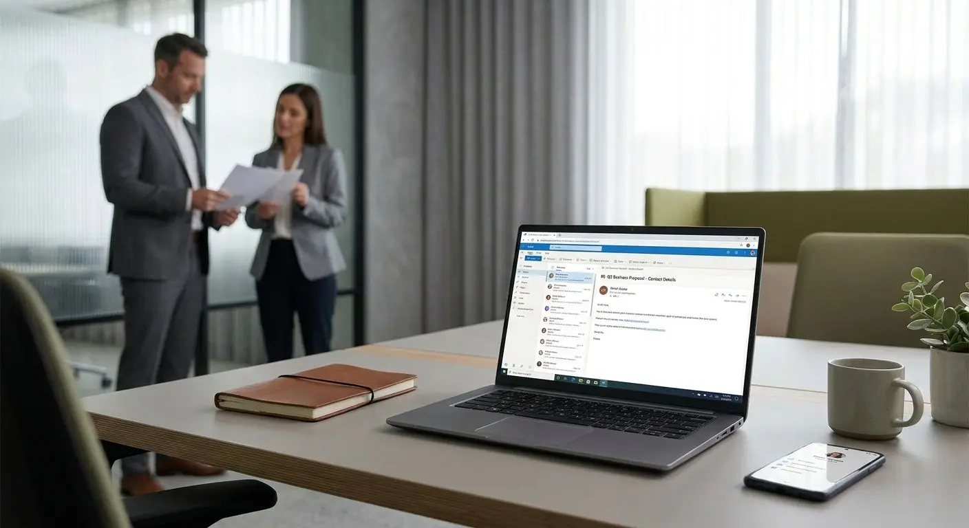 Corporate enquiry workspace with laptop and business correspondence