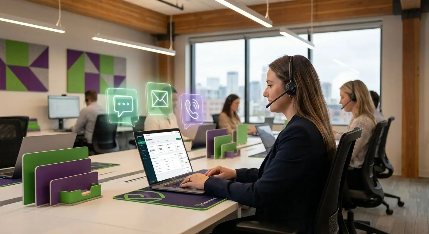 Customer support centre visual with chat email and phone icons