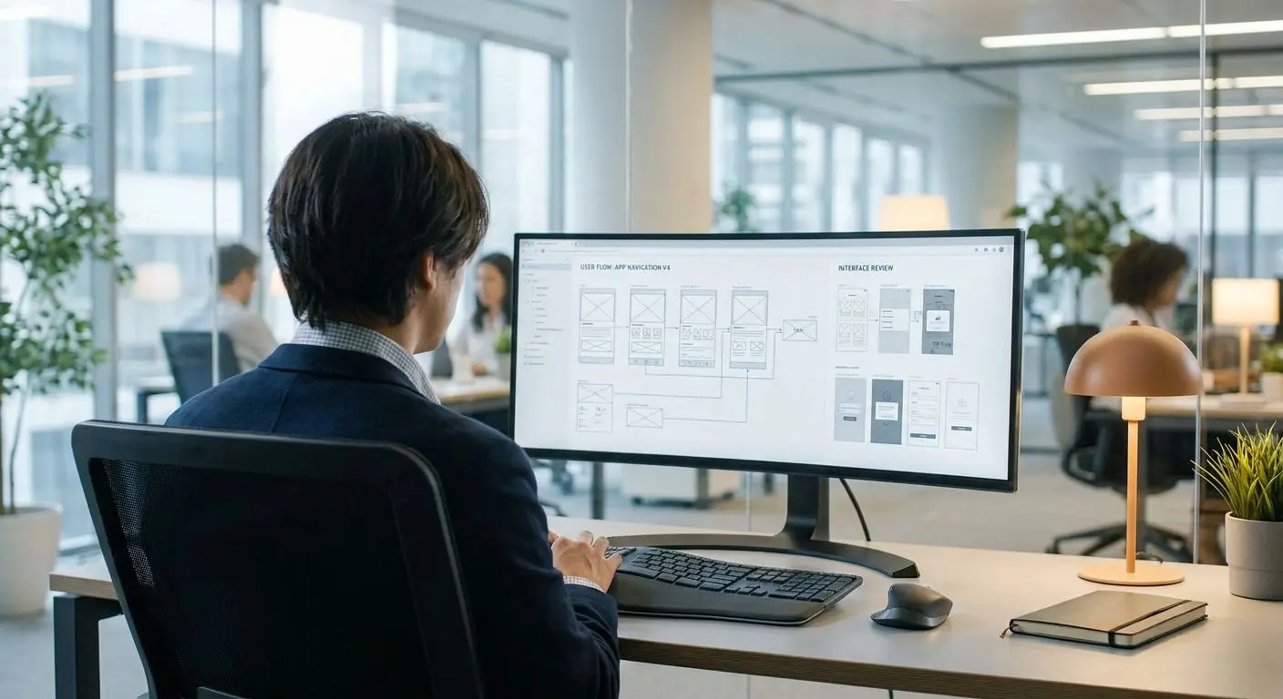 Fictional analyst reviewing desktop software interface on a computer