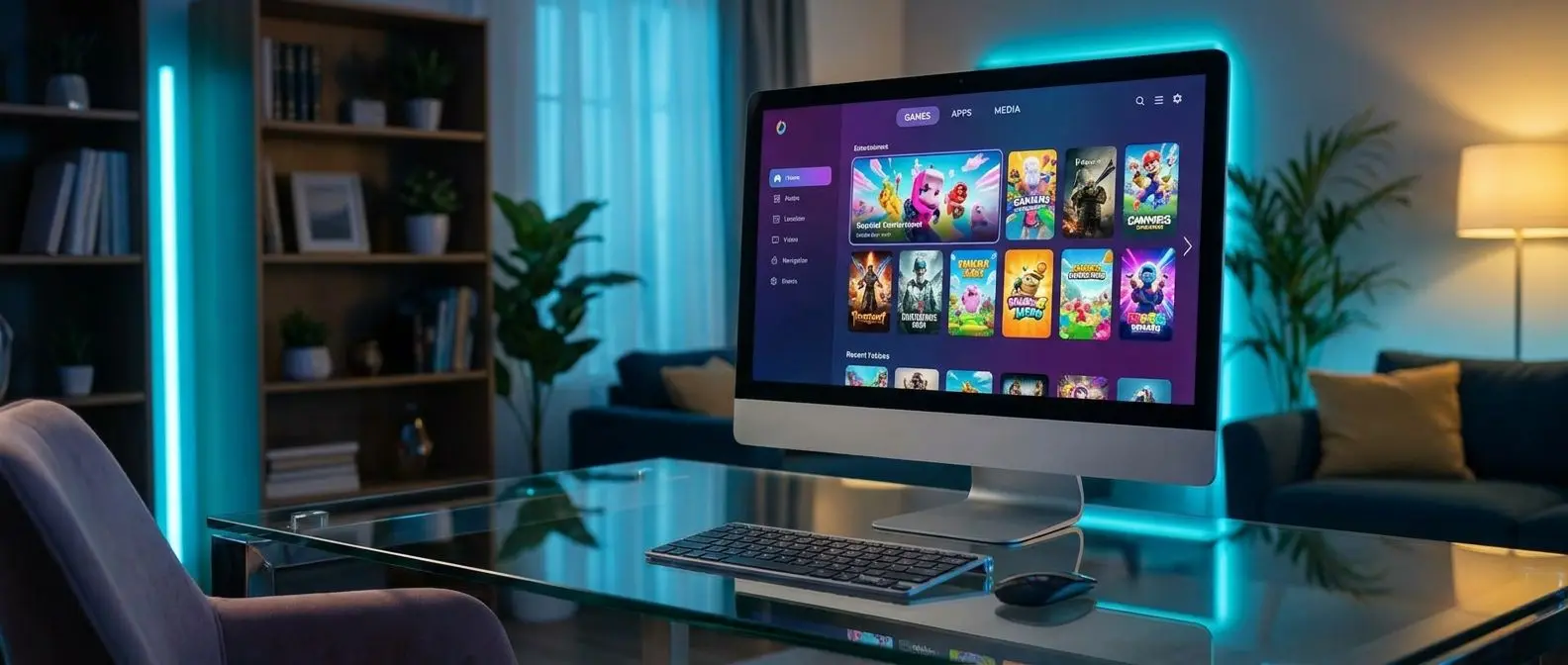 Desktop screen showing a digital entertainment lobby interface in a modern home setup