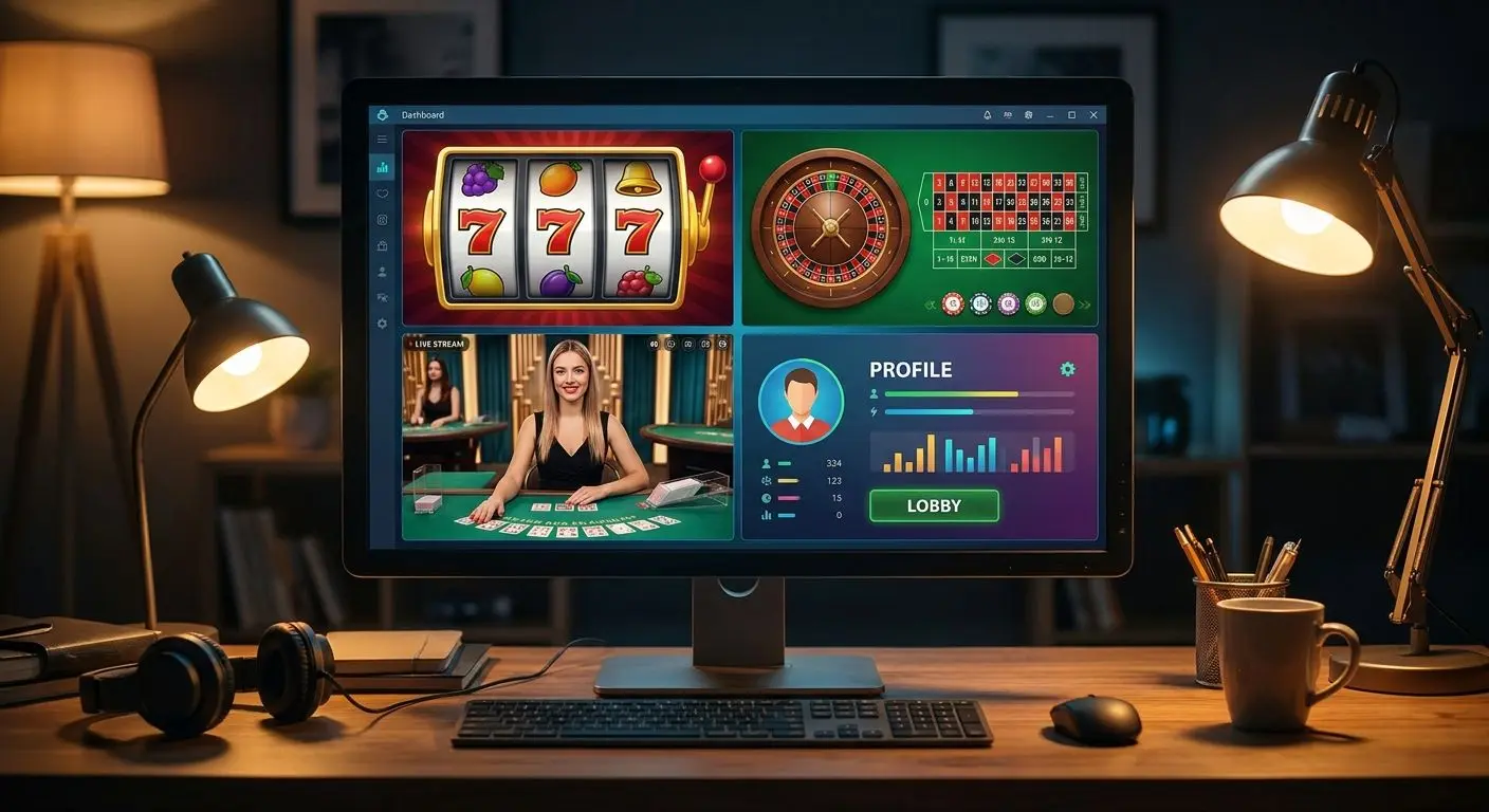 Desktop display showing slots roulette and live dealer style game interfaces