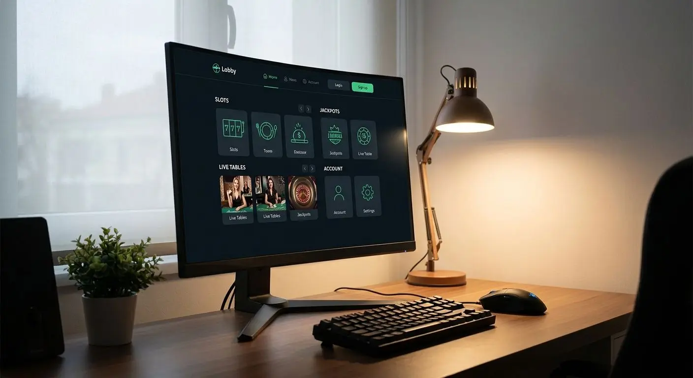 Desktop monitor with PlayOJO-style lobby and game categories