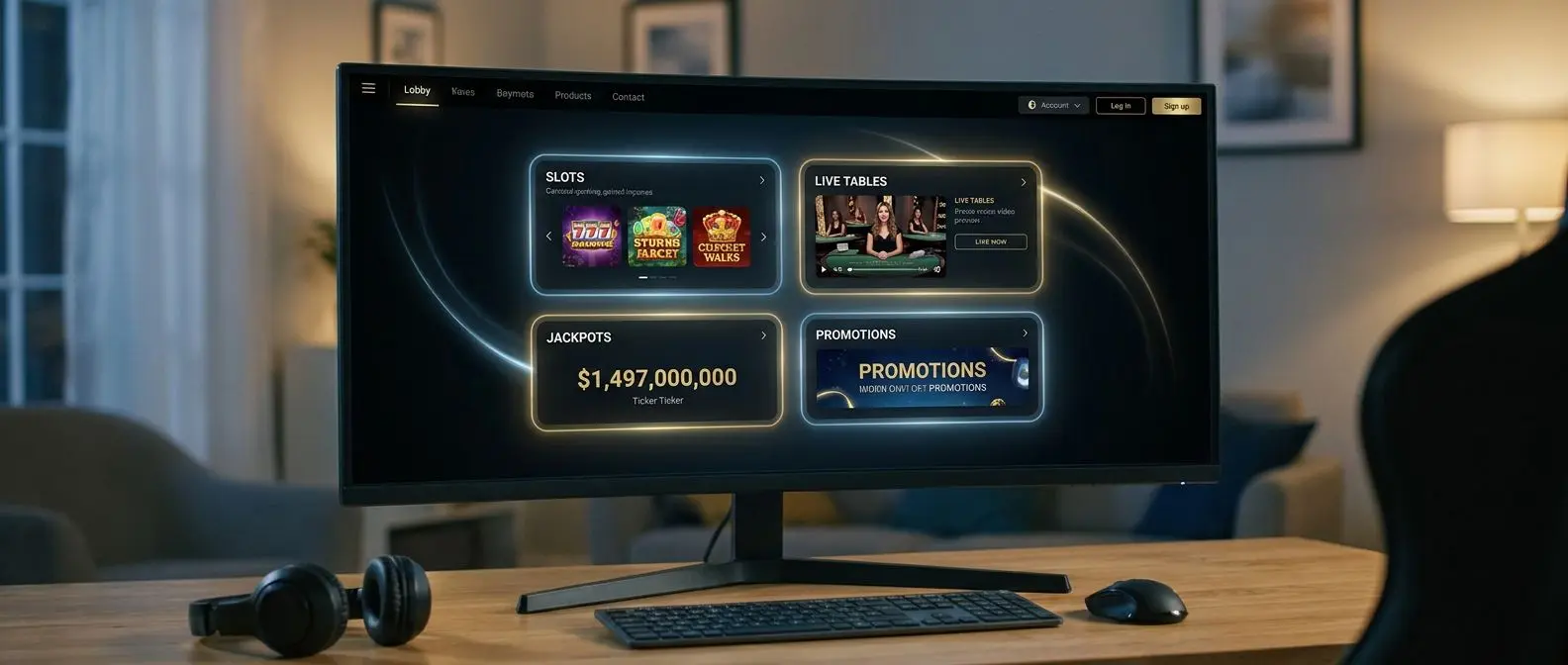 Desktop lobby interface with highlighted sections for slots live jackpots and promotions