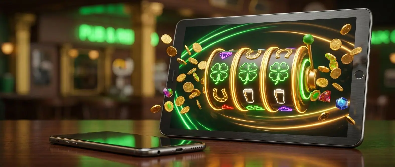 Promotional banner with spinning reels and Irish-themed green gold lighting