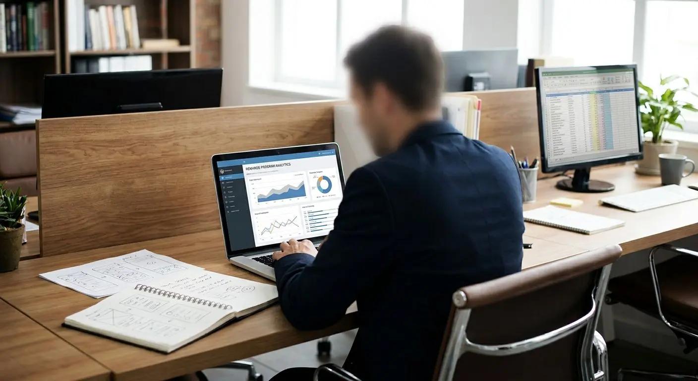 Fictional analyst reviewing digital reward offers on a laptop
