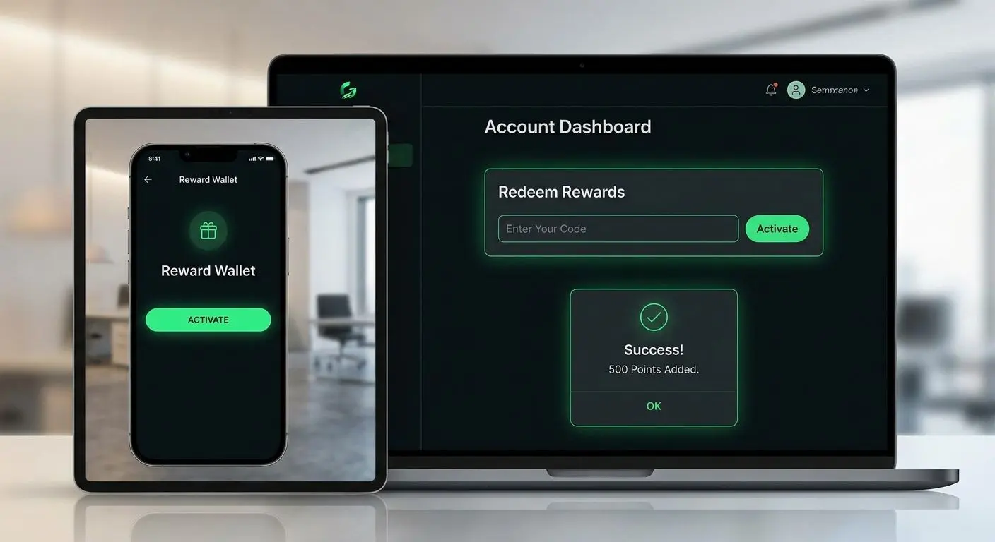 Reward code entry screen on mobile and desktop interface