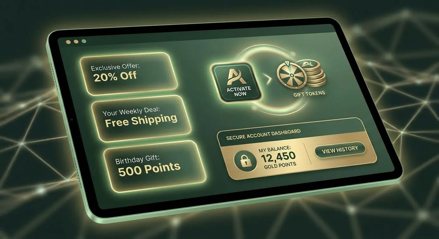 Personalised reward code interface with activation cards and spins