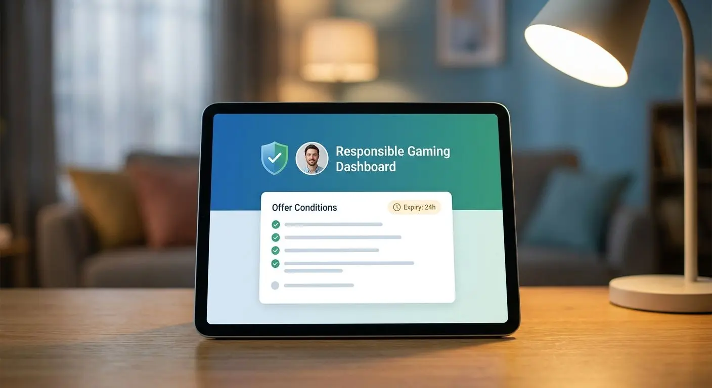 Responsible play visual with promo rules checklist and secure account symbols
