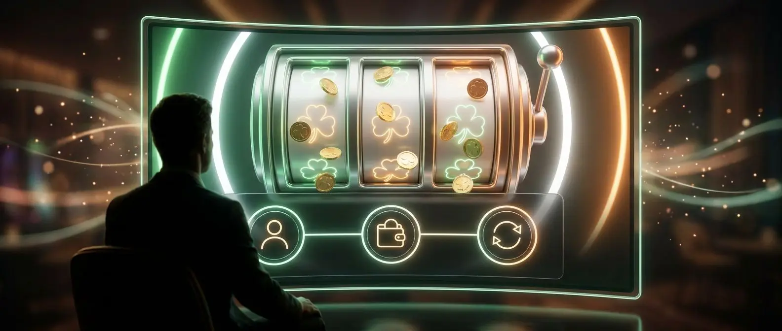 Irish-themed hero banner with slot reels and no wagering free spins visual