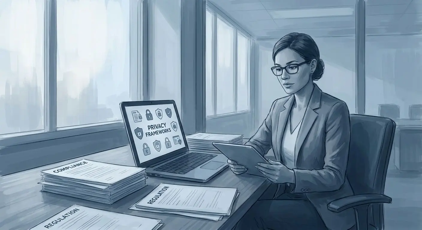 Illustration of a fictional compliance writer working at a desk with documents and a laptop