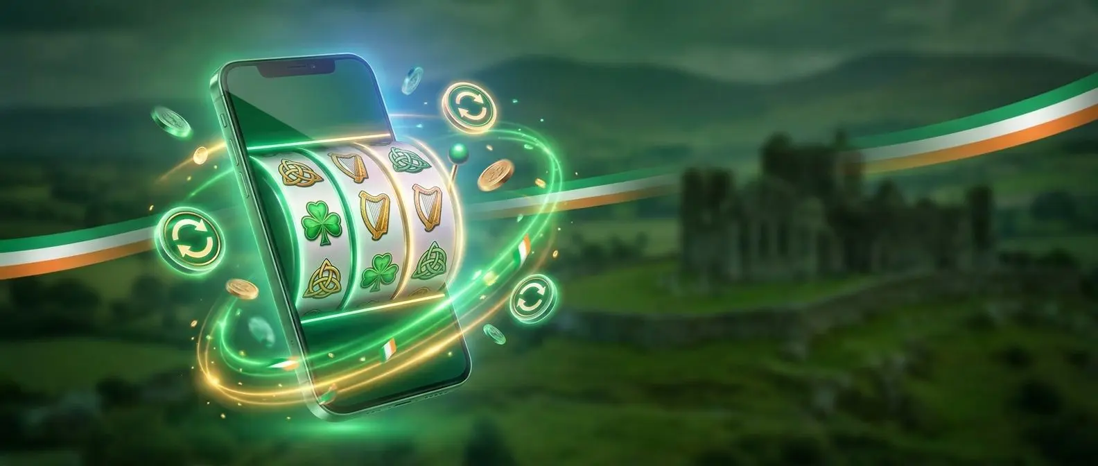 Ireland-themed free spins banner with slot visuals and emerald accents