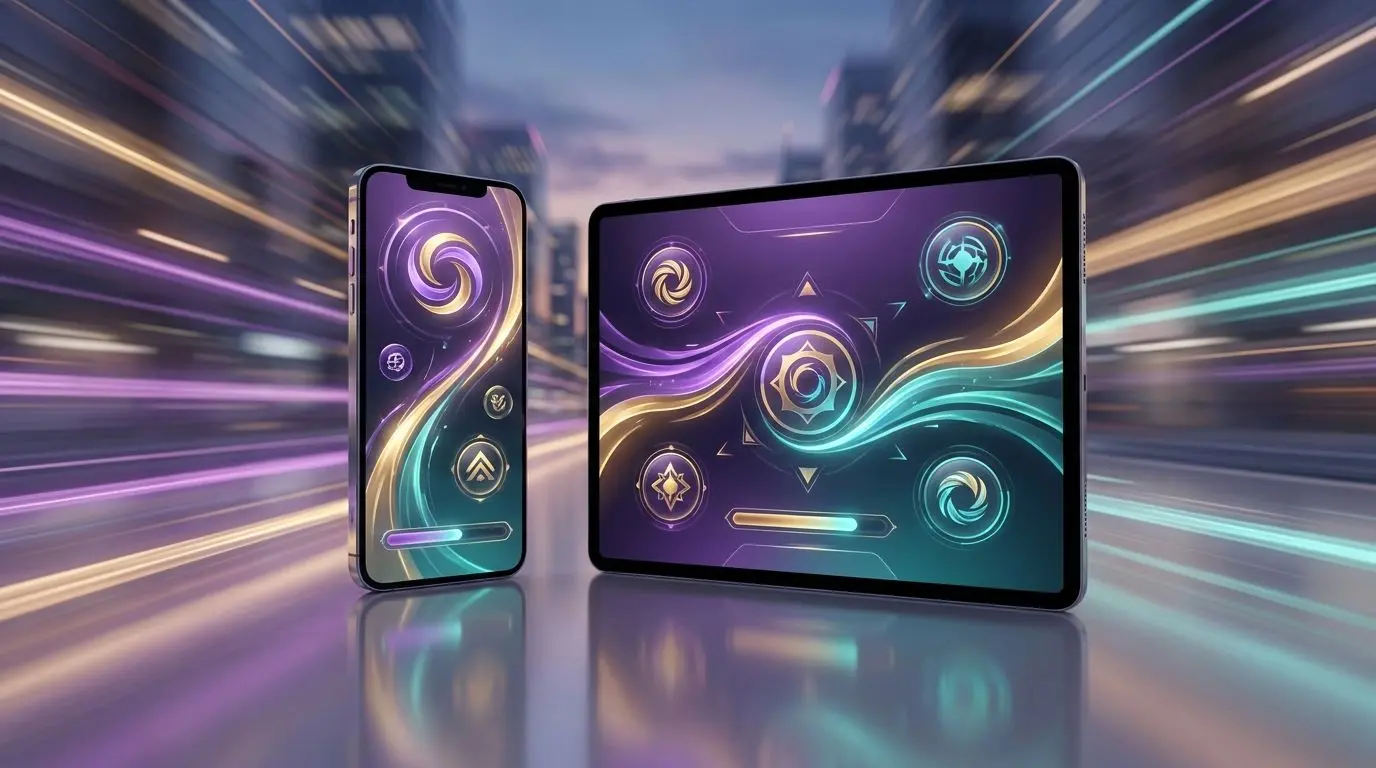 Mobile devices showing online game interface on the move