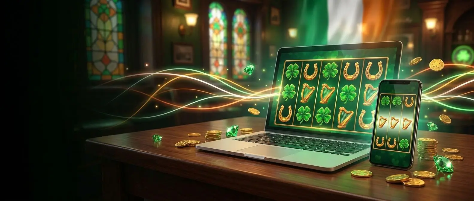 Irish-themed online slots banner with glowing reels and green accents