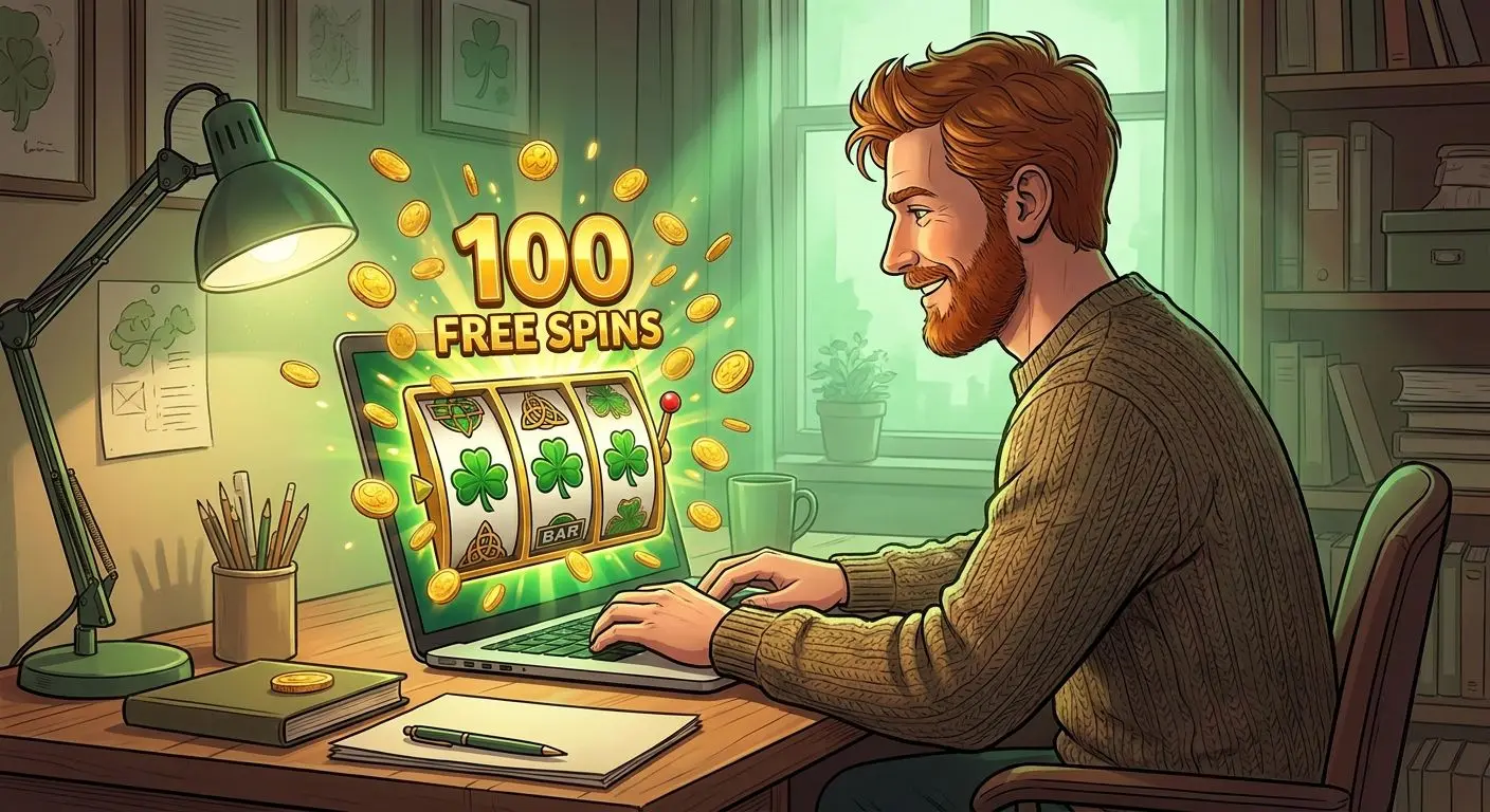 Irish player viewing a 100 free spins online offer on laptop