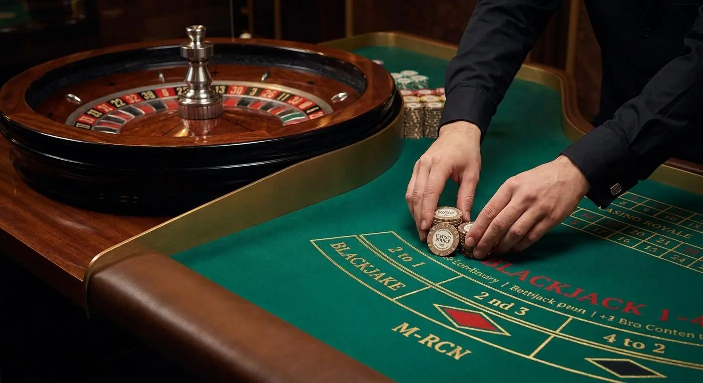 Close-up of live roulette and blackjack table with dealer and chips