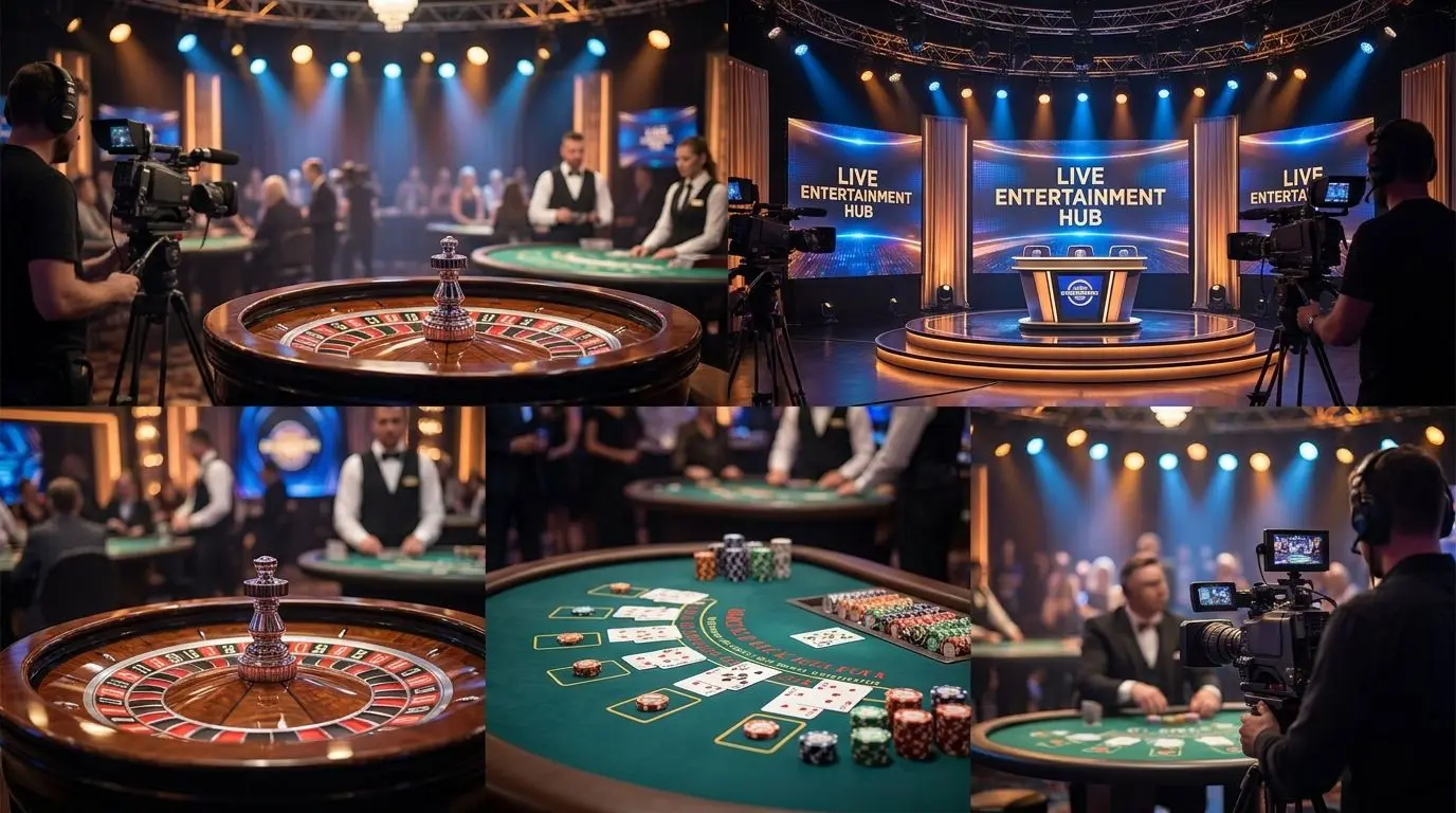 Collage of live roulette blackjack and studio game tables