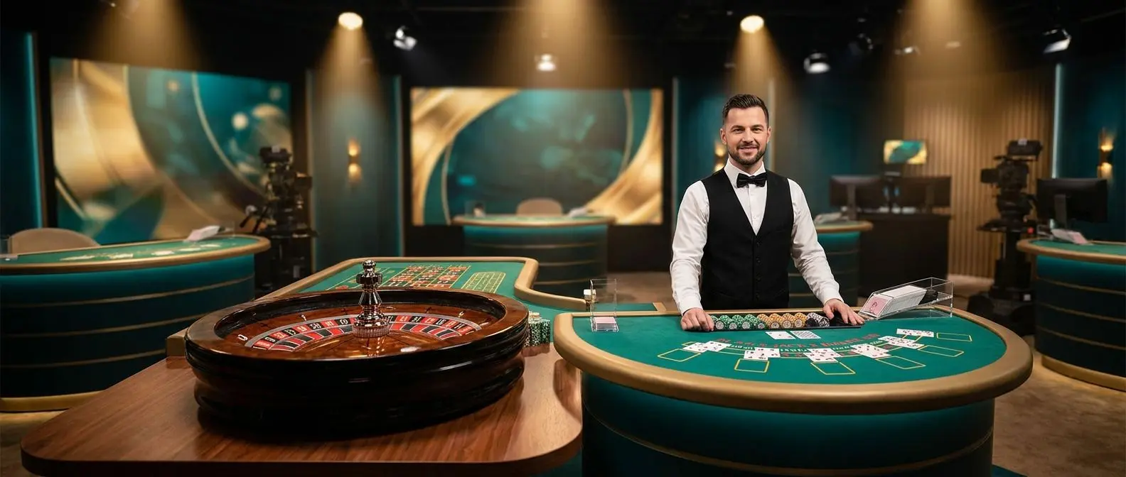 Live roulette and blackjack studio scene with dealer in premium setting