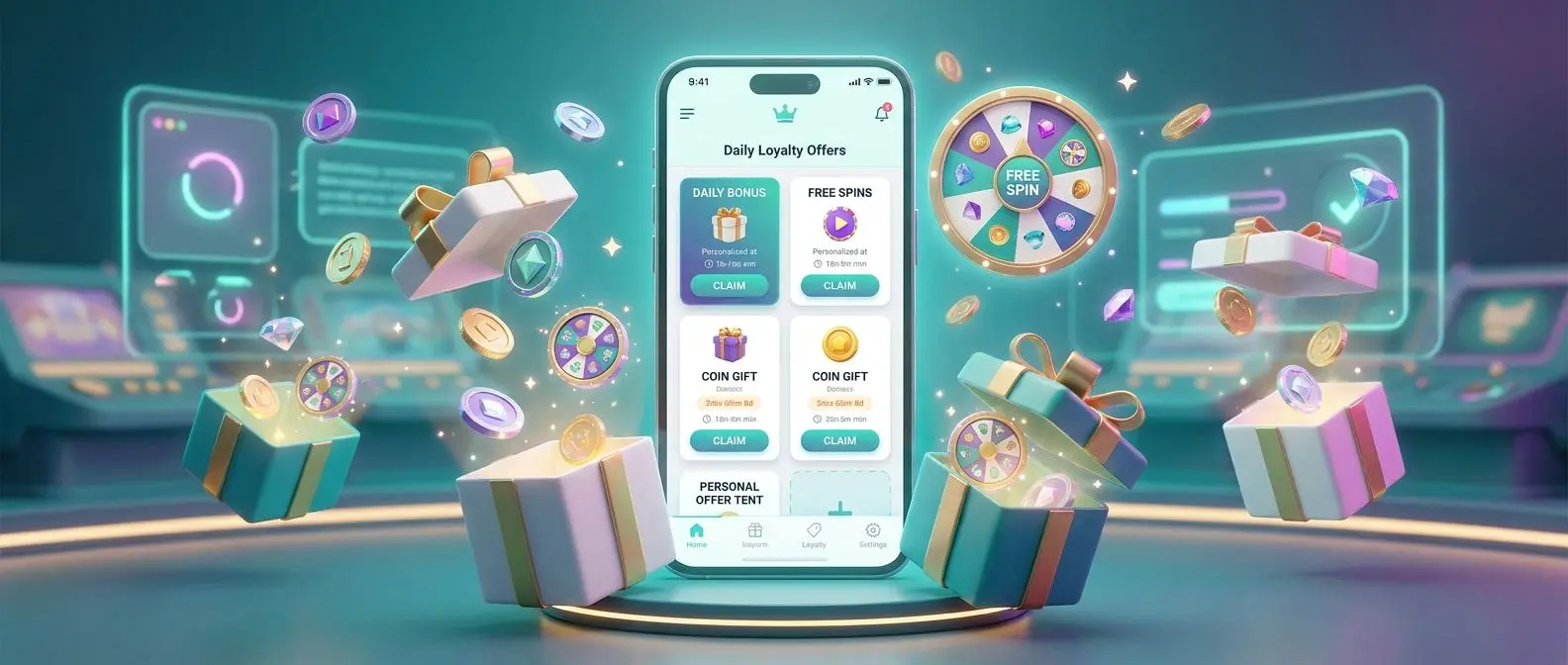 Promotional hero visual with loyalty offer cards, gifts, coins and daily claim interface