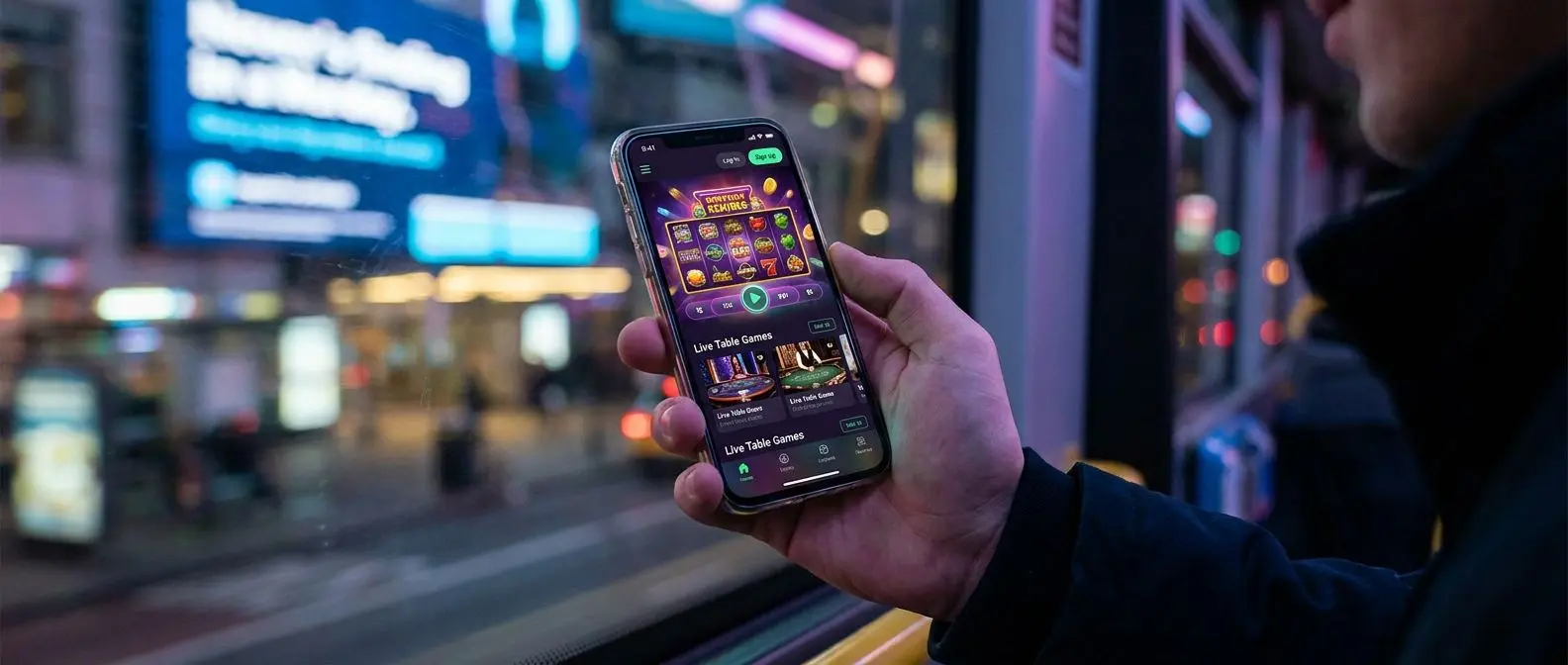Player holding a smartphone with PlayOJO-style mobile gaming interface on screen
