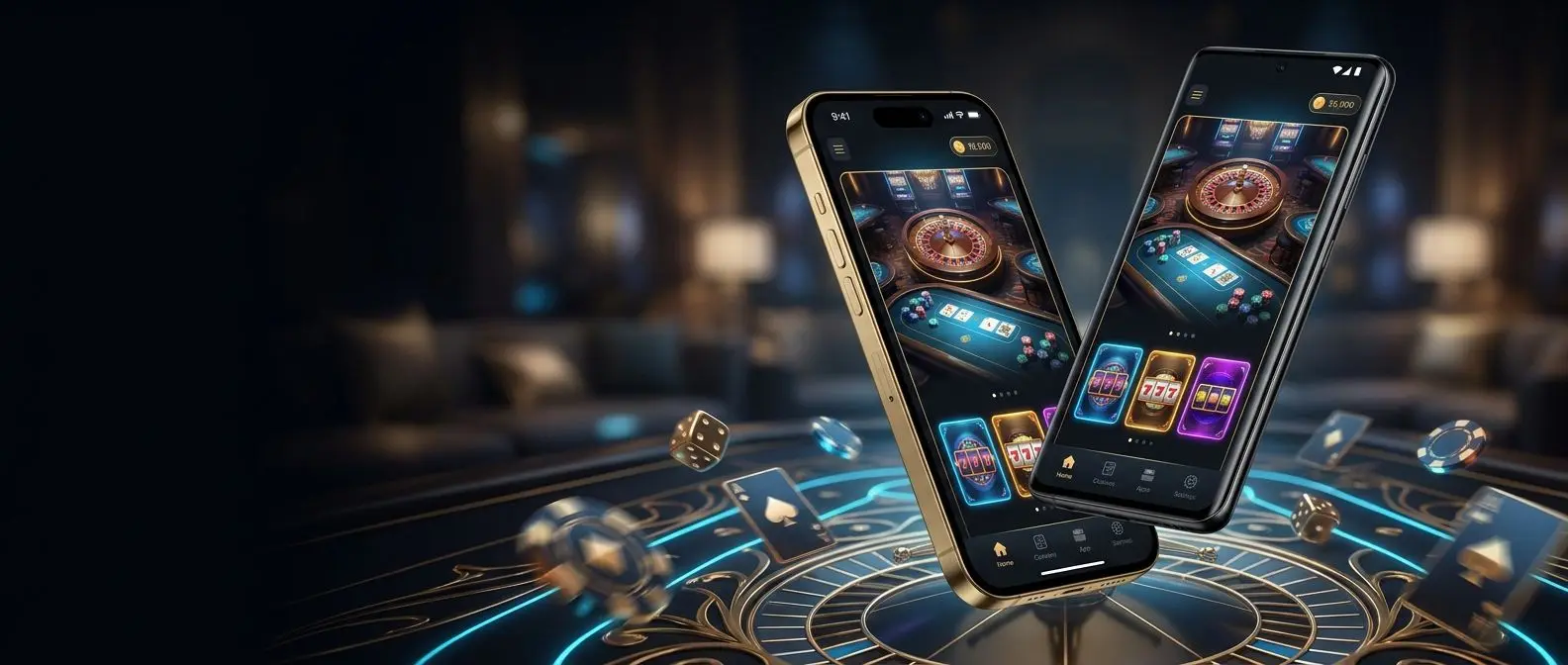 Two smartphones showing the PlayOJO mobile app interface with entertainment-themed background