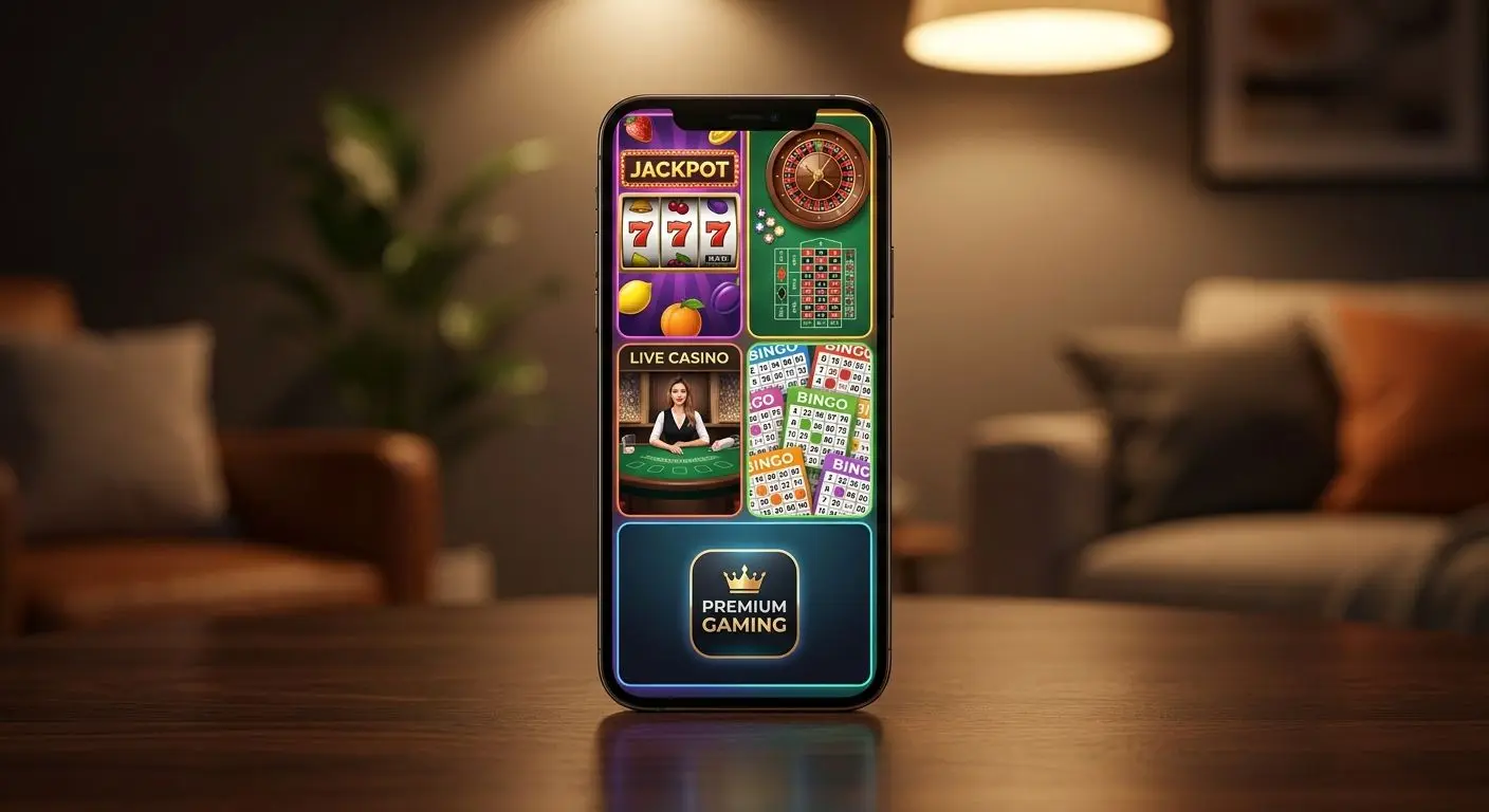 Phone screen showing slots, roulette, live tables and bingo categories