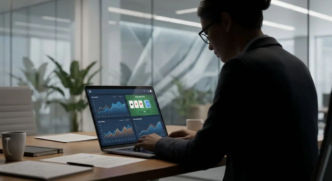 Abstract analyst figure working on iGaming content research at a laptop