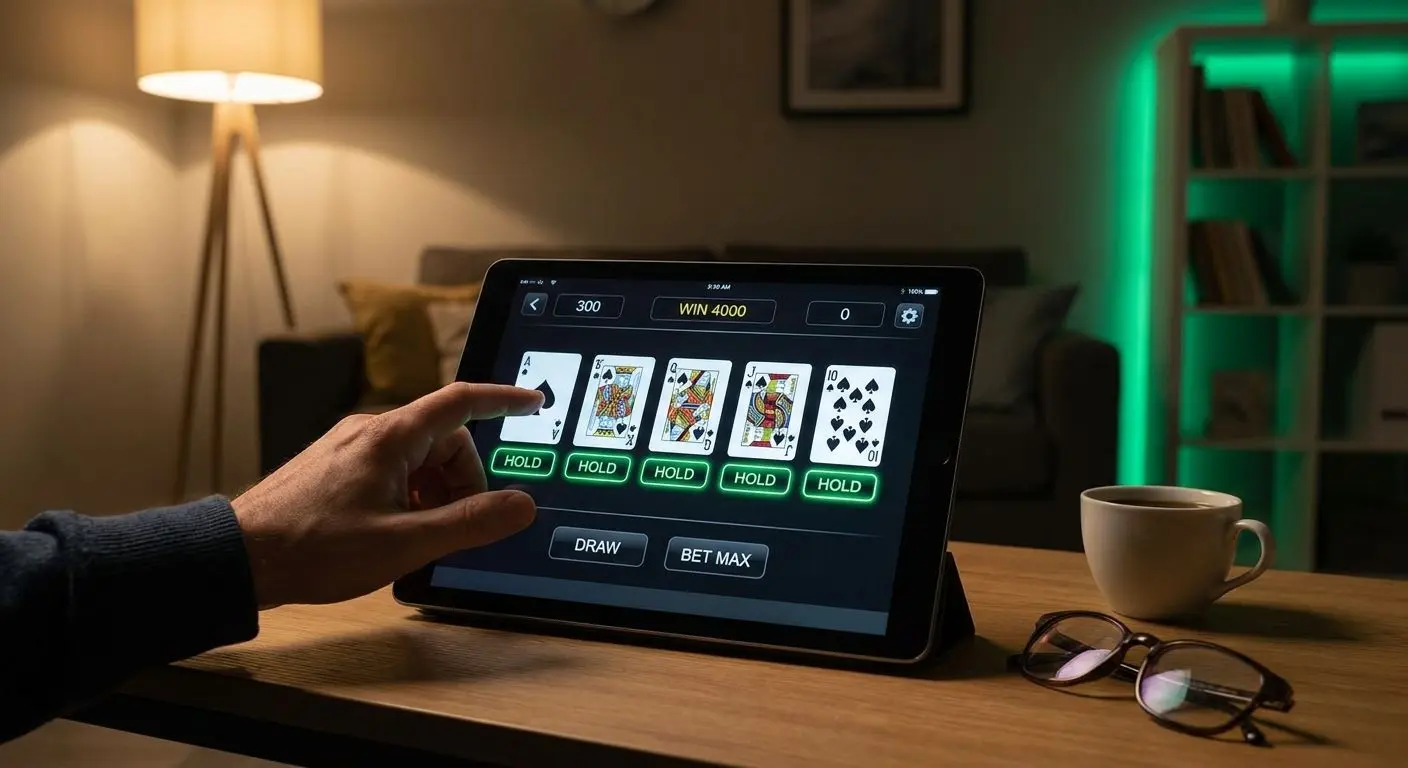 Step-by-step video poker play on screen with highlighted hold and draw controls