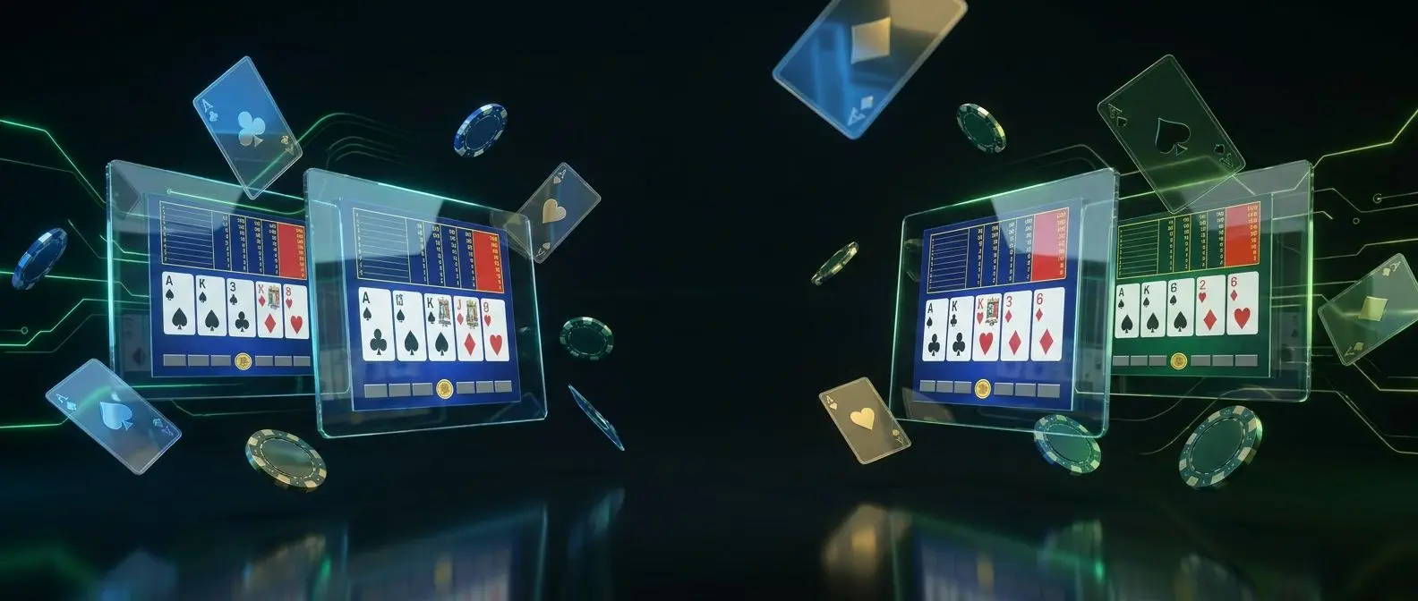 Online video poker screens with cards and chips in a sleek green-accented scene