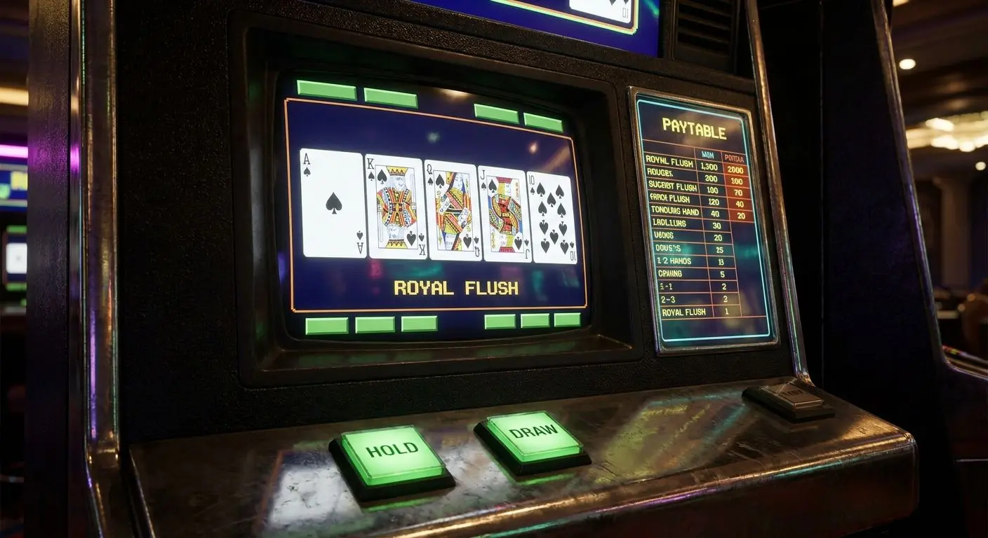 Classic video poker screen with five cards, hold and draw buttons, and paytable