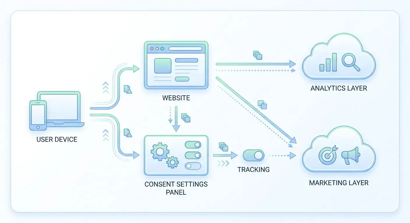 Cookie and tracking flow on a website with user controls