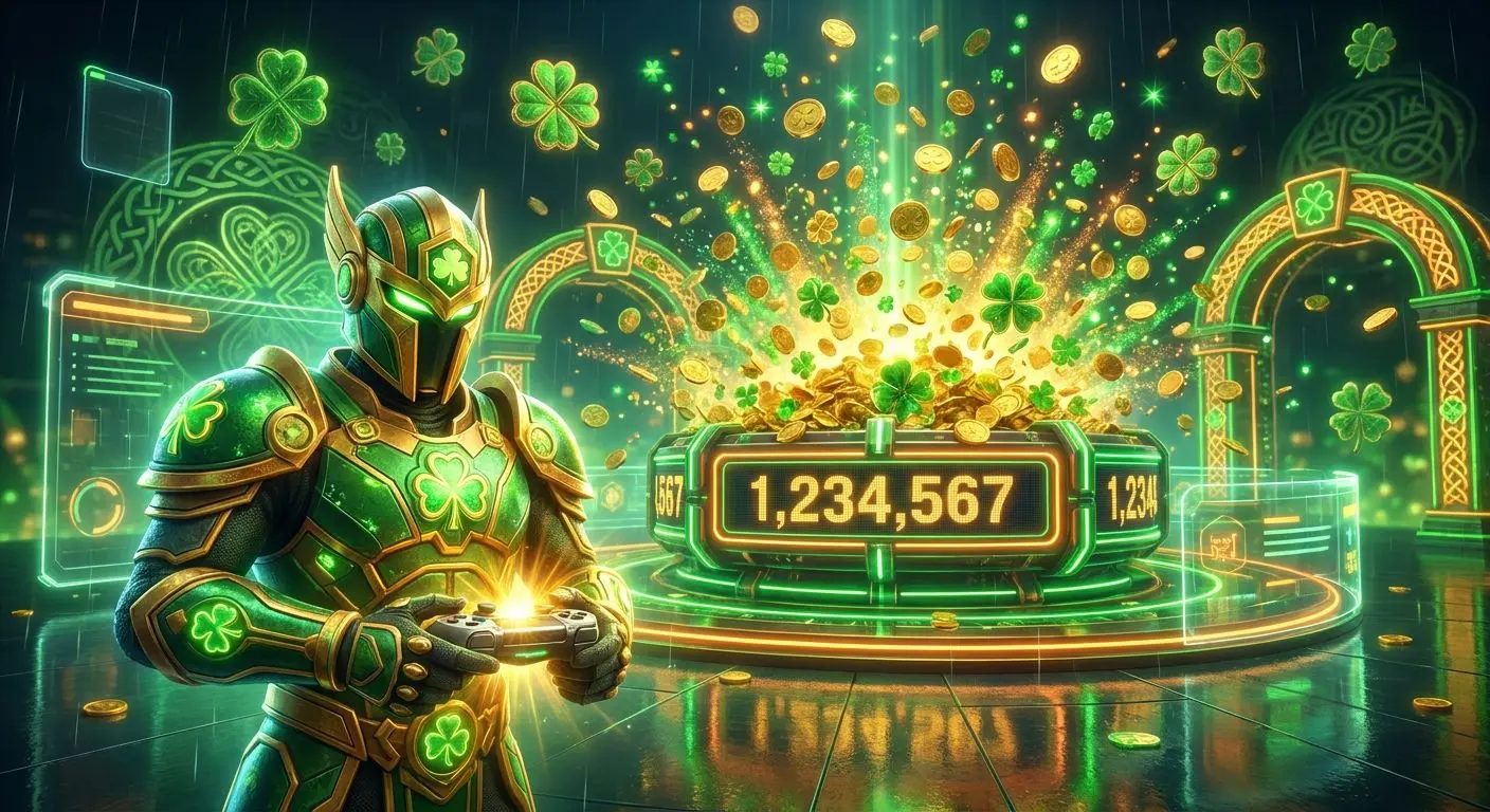 Progressive prize counter with flying coins in a bright online gaming scene for Irish players
