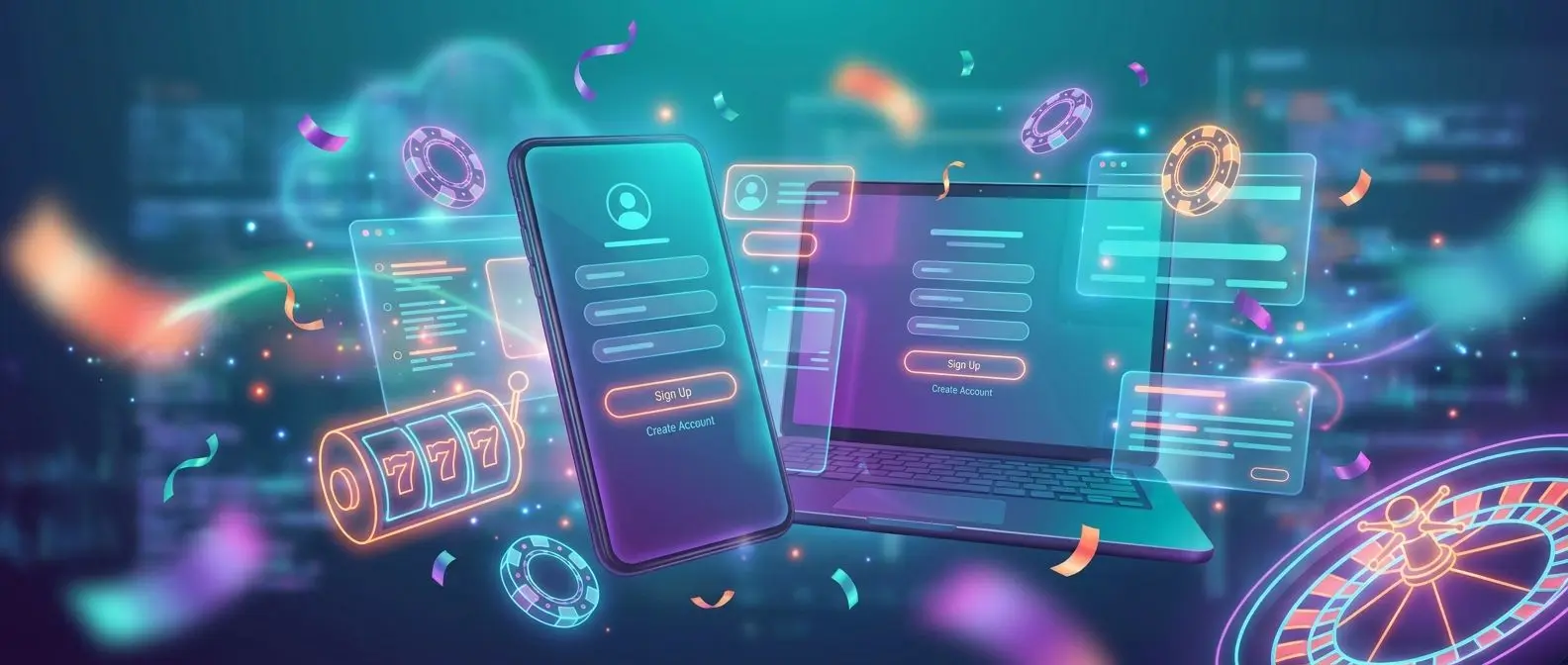 Colourful registration themed banner with gaming elements for Irish new customer offer page