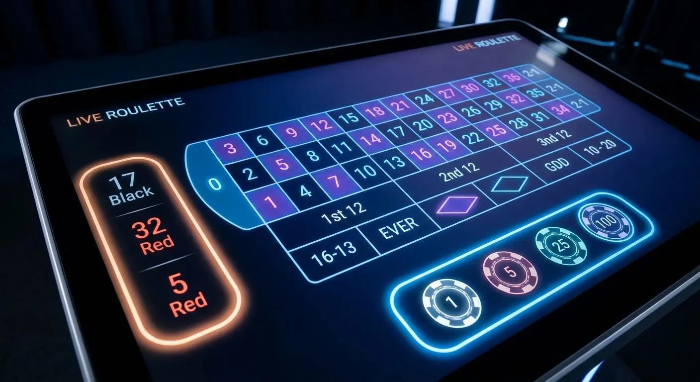Live roulette interface showing spin history and betting controls
