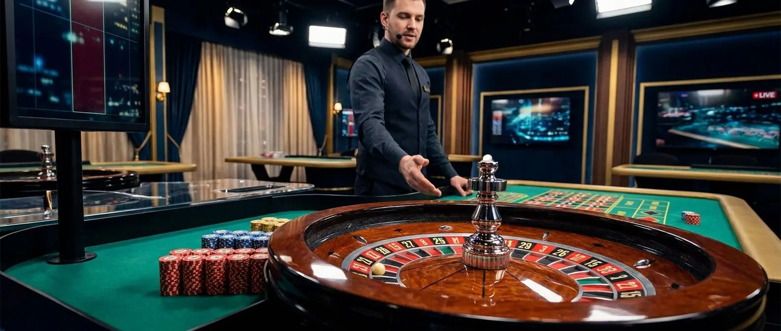 Live roulette table in a branded studio with wheel, chips and dealer
