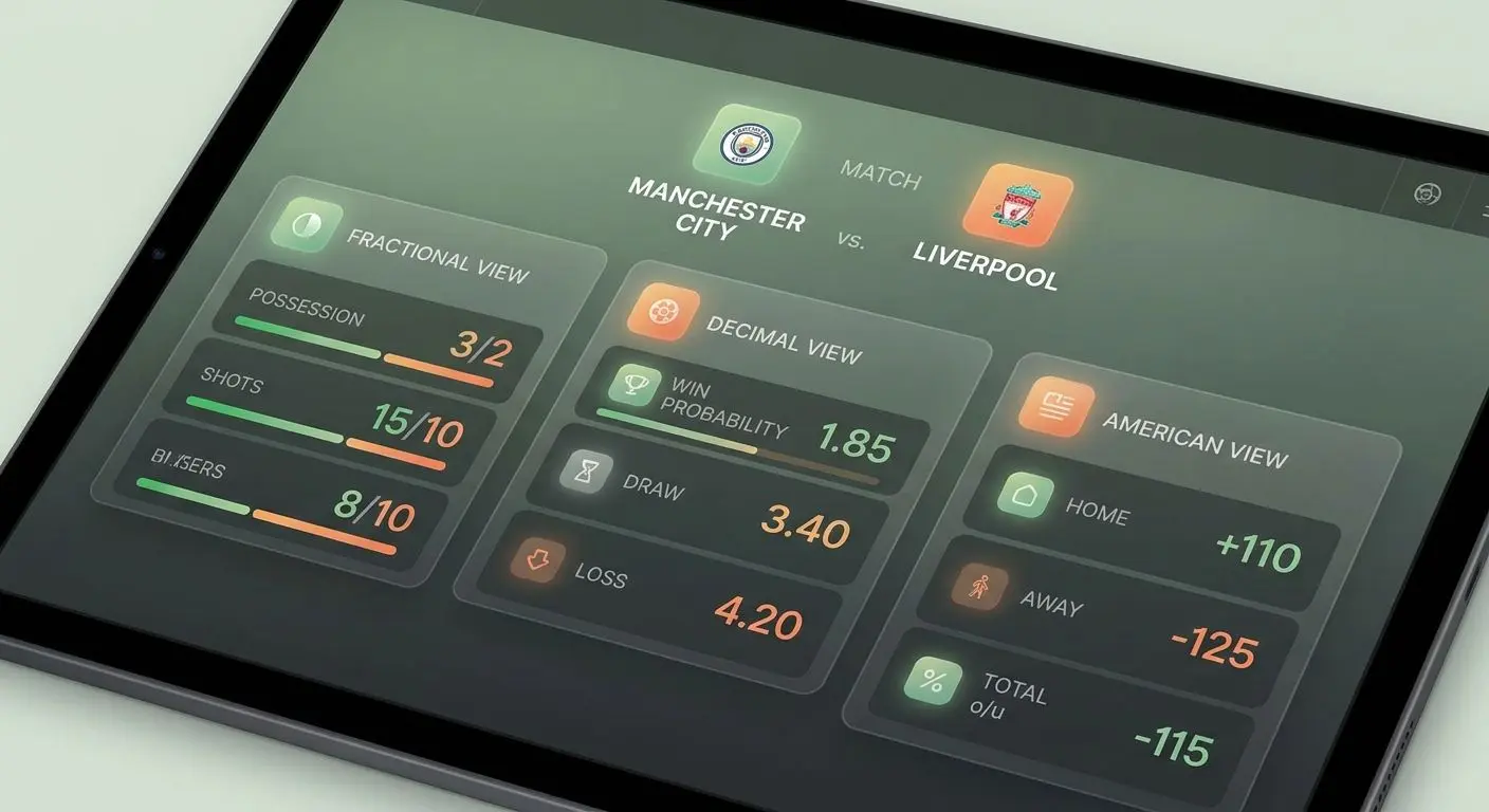 Example sports slip showing three different odds display formats