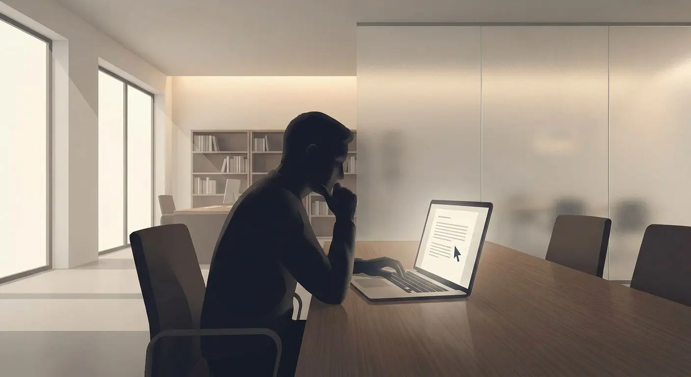Abstract author figure at laptop in a modern workspace