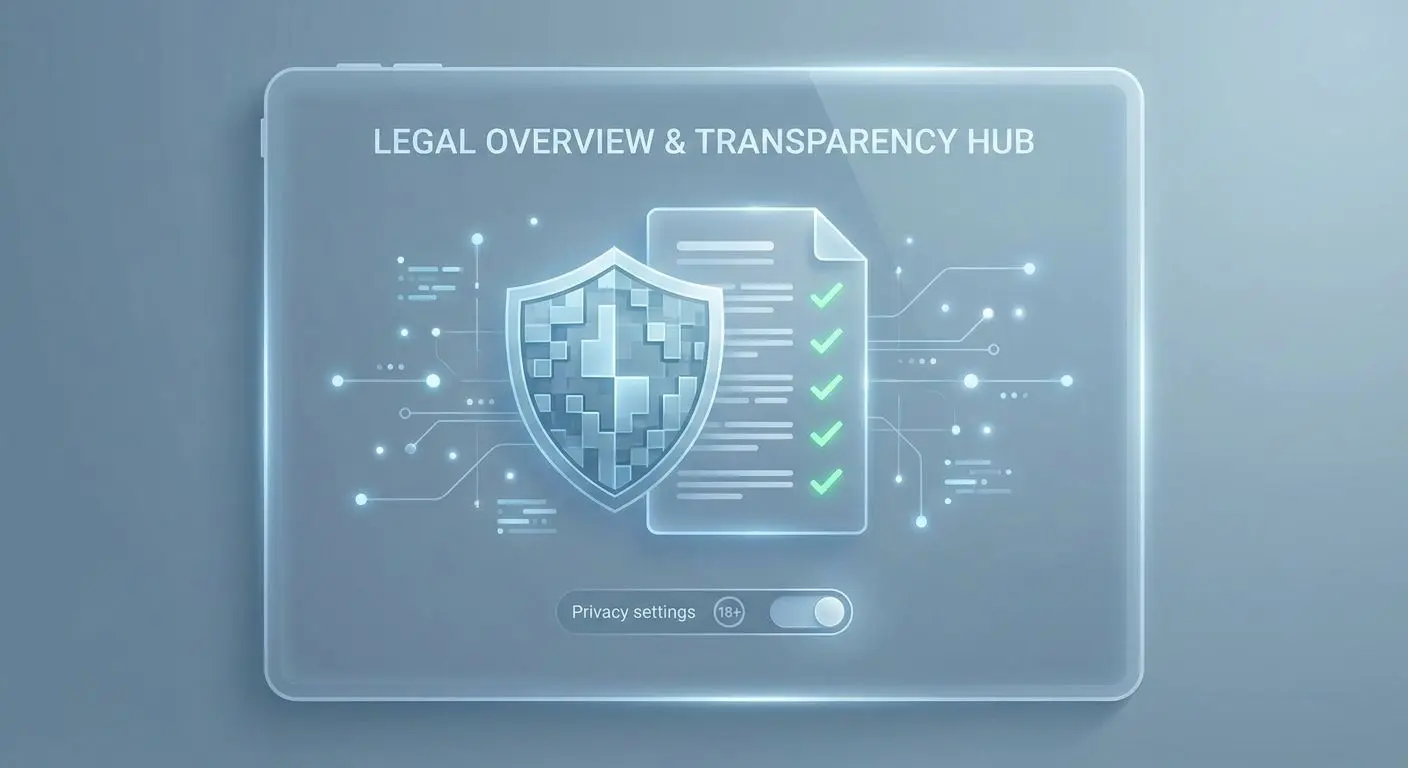 Abstract legal overview image with document shield and responsible play symbols