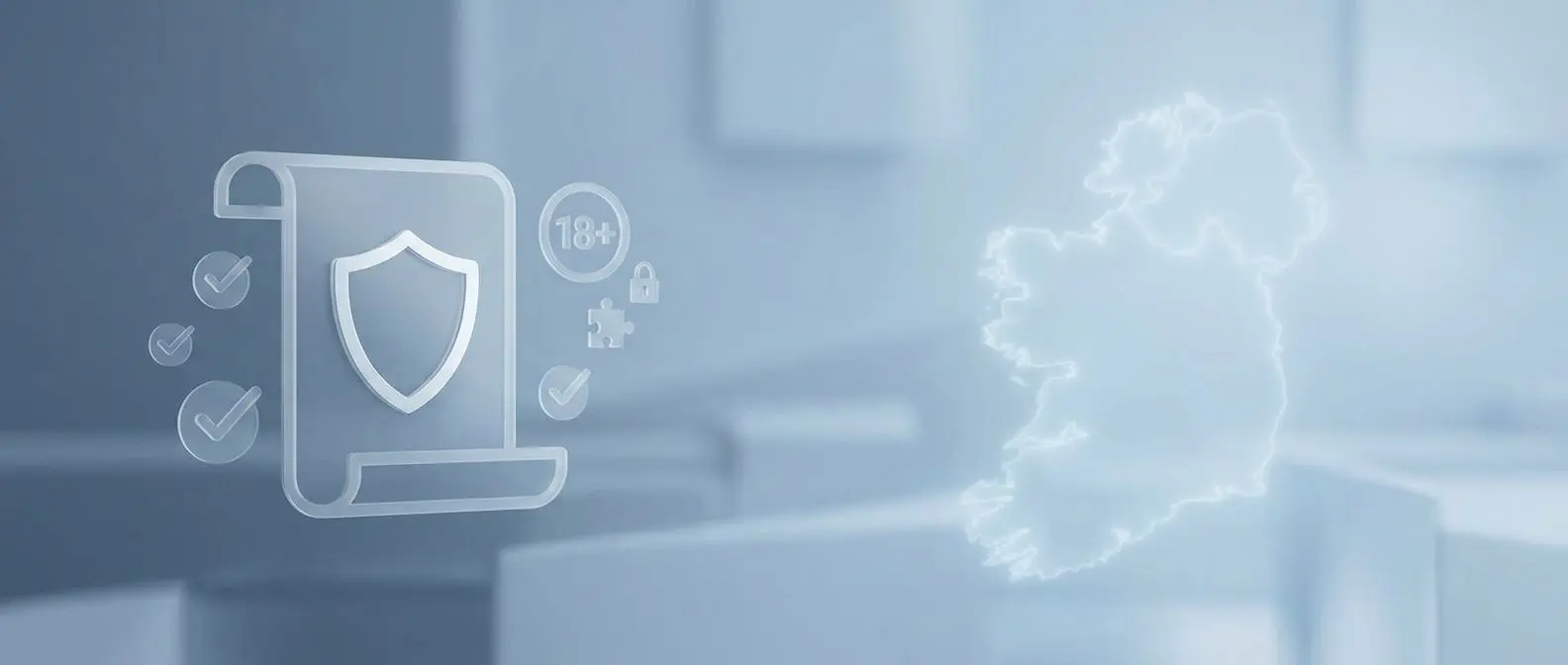 Legal overview banner with document shield and 18 plus player protection symbols