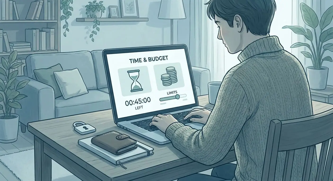 Person managing time and budget with safer play control symbols