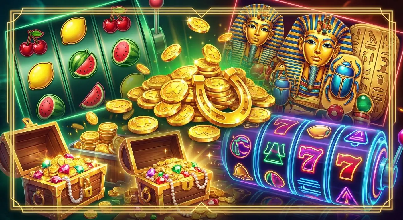 Collage of popular slot themes including fruit Irish and Egyptian styles